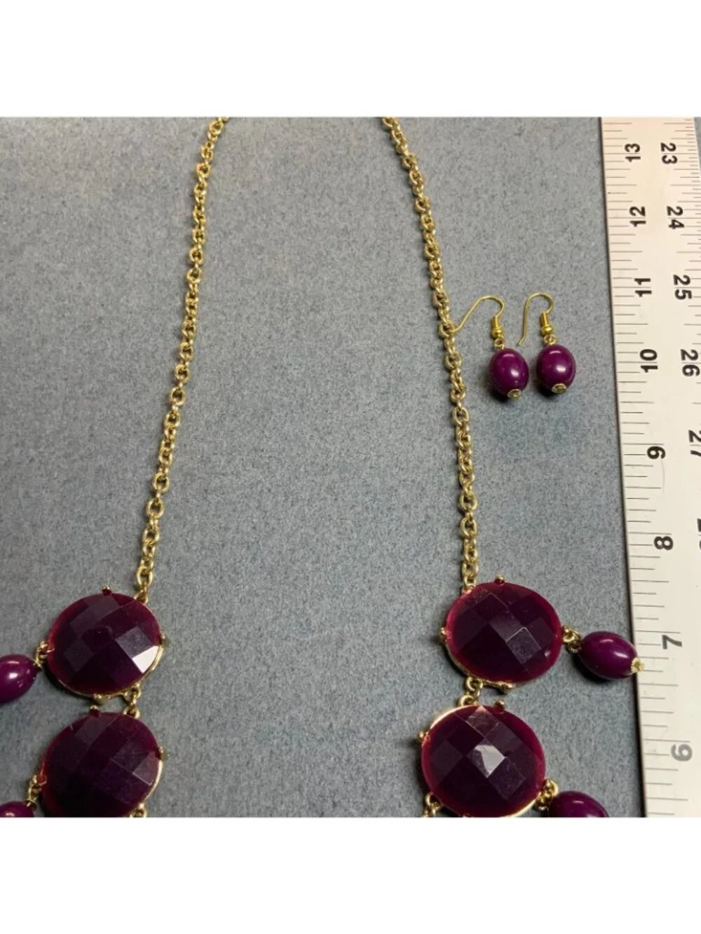 Statement Necklace Earrings 20 In Purple Gold Faceted Beads Plum Dangle Pierced
